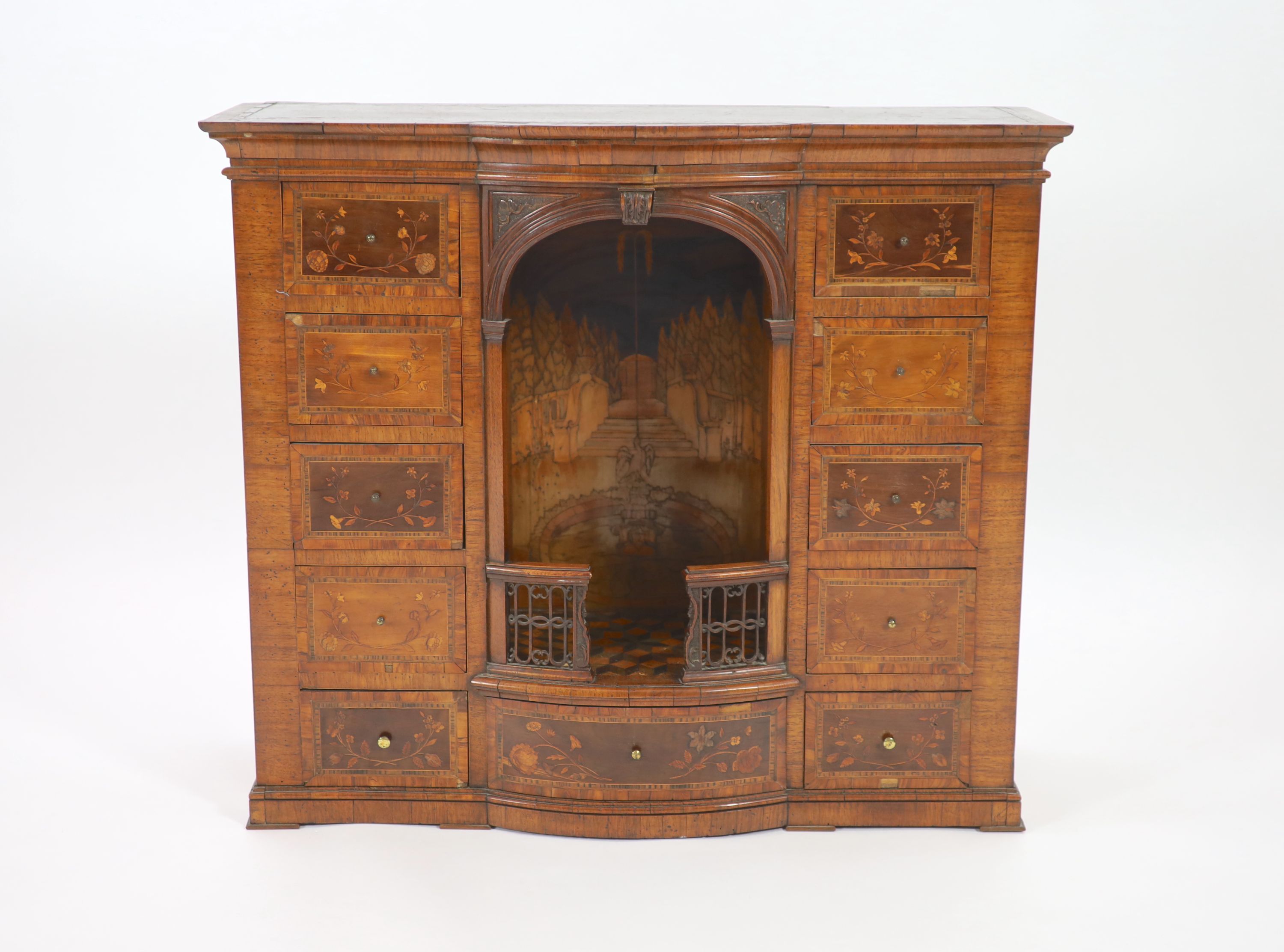 A late 18th century Dutch walnut and marquetry collectors cabinet W 88cm. D 32cm. H 77cm.